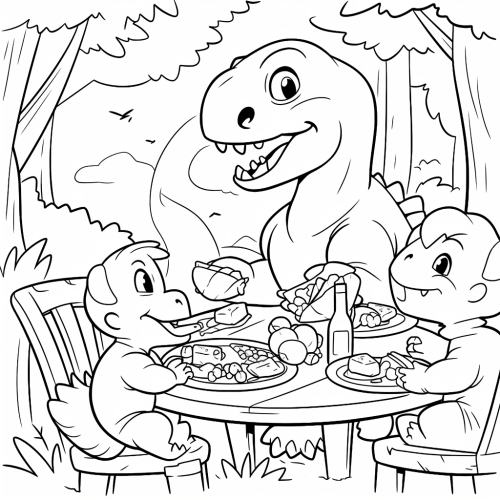 Dinosaur eating children coloring book illustration