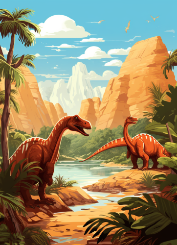 Cartoon-style dinosaurs in prehistoric landscape