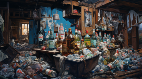 Messy party scene with bottles and trash