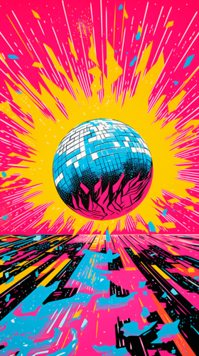 Disco ball on fire LSD trip pop art Disco ball on fire LSD trip pop art