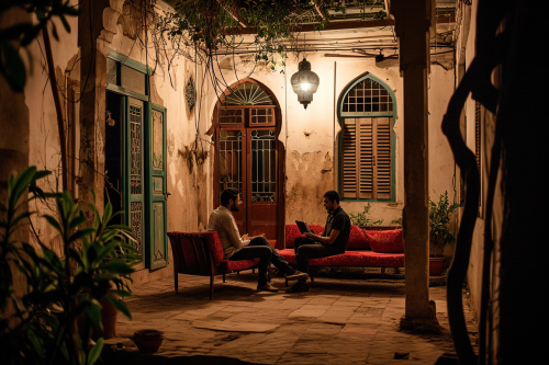 Two European Men Laughing and Talking on Red Moroccan Cushions Two European Men Laughing and Talking on Red Moroccan Cushions