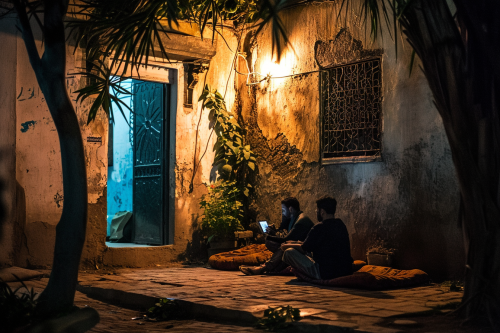Two men discussing on red Moroccan cushions Two men discussing on red Moroccan cushions