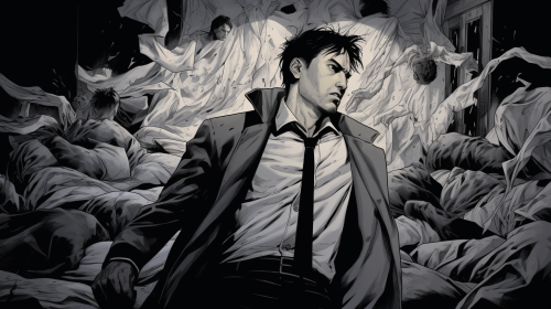 Disheveled young man in suit crossing dark room