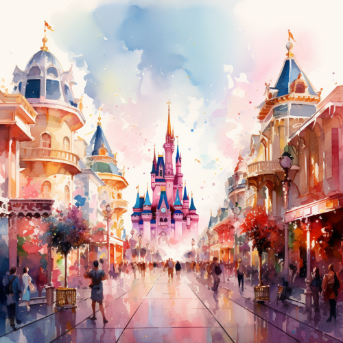 Colorful Disney World Watercolor Illustration with Characters