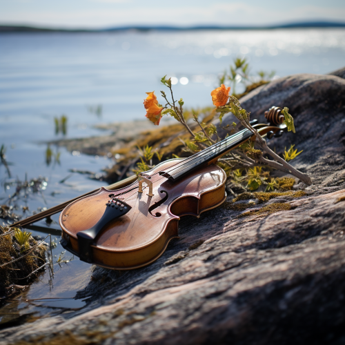 A half-submerged violin on island