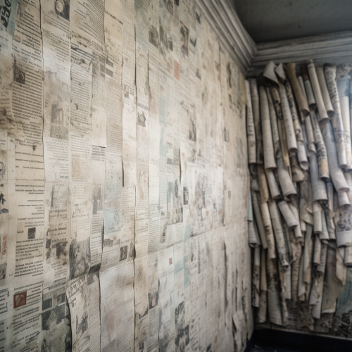 Distressed wall covered with newspaper pages