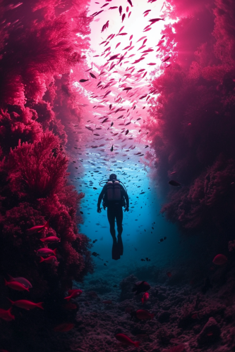 Illustration of diver with school of fish in heart shape