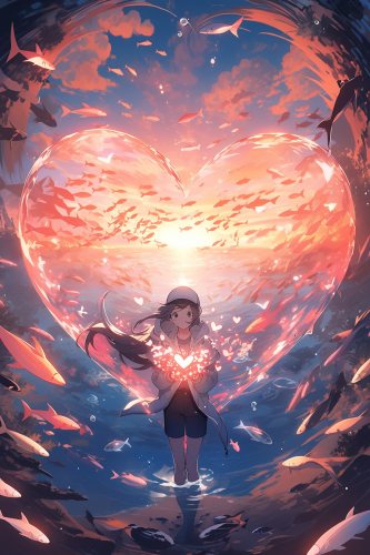 Diver surrounded by fish in heart formation