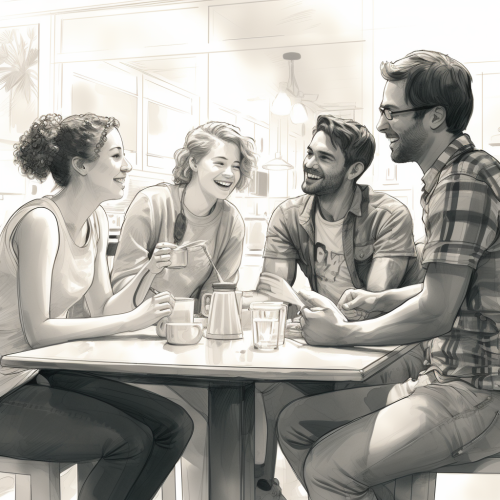 diverse group of college-aged people at kitchen table