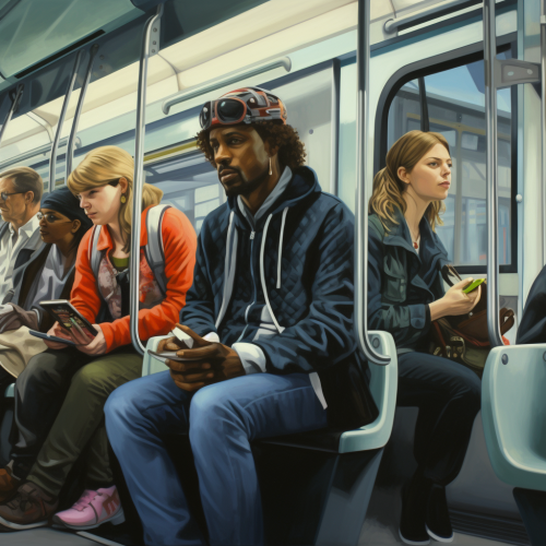 Diverse transit riders in urban setting Diverse transit riders in urban setting