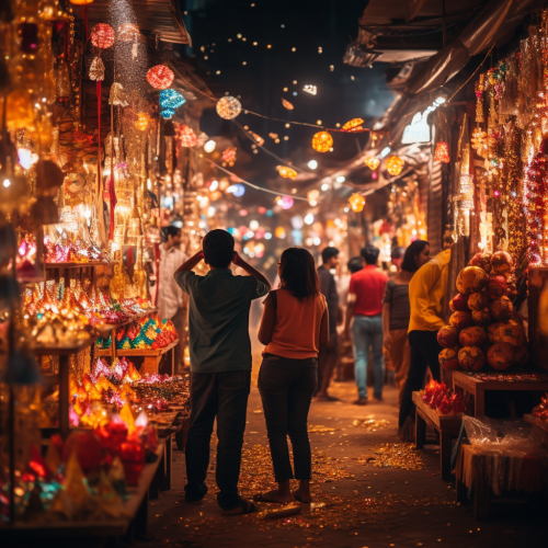 Diwali market with sweets, lights, and firecrackers