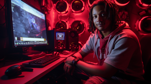 African American DJ Quik in Jonathan Mannion-inspired videogame room