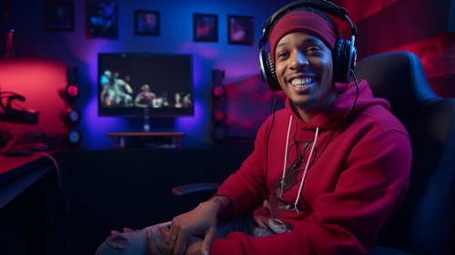 DJ Quik enjoying his Xbox in a red-lit videogame room