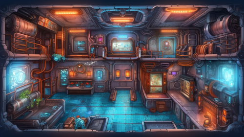 Virtual tabletop map of a sci-fi fantasy laboratory