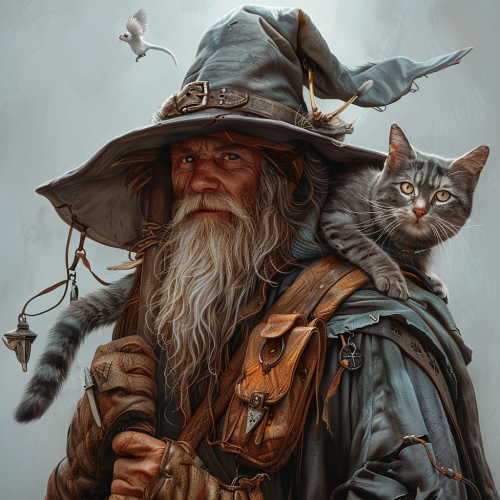 Wizard adventure with gray hat and cat Wizard adventure with gray hat and cat