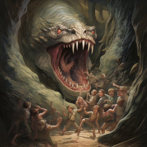 Adventurers facing horrifying sandworm monstrosity Adventurers facing horrifying sandworm monstrosity