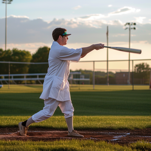 Doctor swinging baseball bat