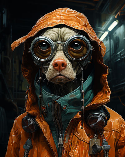 Dog-like creature wearing hipster clothes walking on busy street