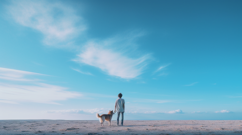 Dog and owner bid farewell under a blue sky