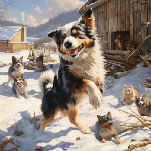 Dogs playing in winter on farm Dogs playing in winter on farm