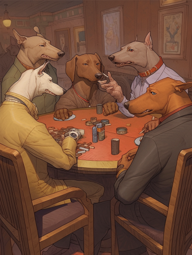 Dogs playing poker with cigars