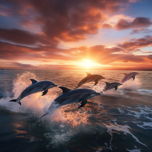 Group of dolphins jumping in sync