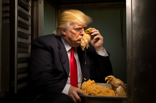 Donald Trump eating spicy chicken wing in telephone booth