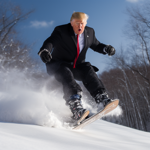 Donald Trump snowboarding in the snow