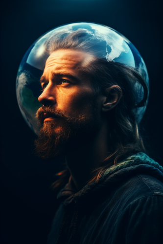 Abstract double exposure of man and Earth