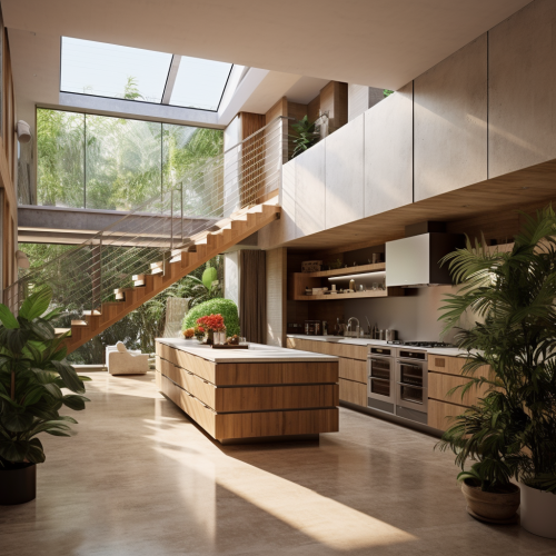 Beautiful double height kitchen with wooden staircase