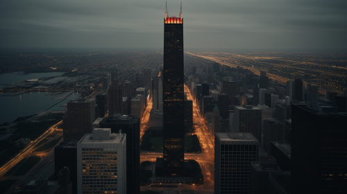 Aerial view of a slender skyscraper in downtown Chicago