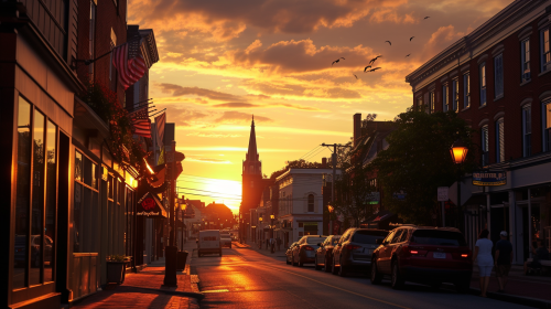 Newport RI Thames Street at sunset