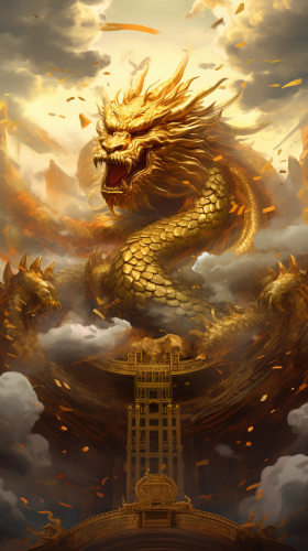 Dragon King of Wealth surrounded by Sun and Golden Cloud Dragon King of Wealth surrounded by Sun and Golden Cloud