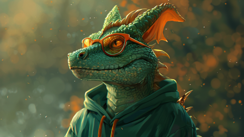 Dragon in green hoodie and orange glasses