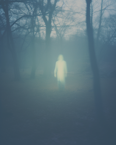 Ghostly man in 18th-century clothes in a forest