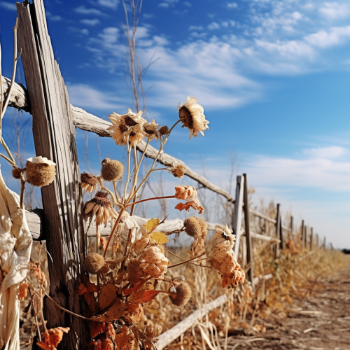 Withered flowers on dry soil with fence in background