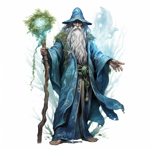 druid holding wooden staff with gem