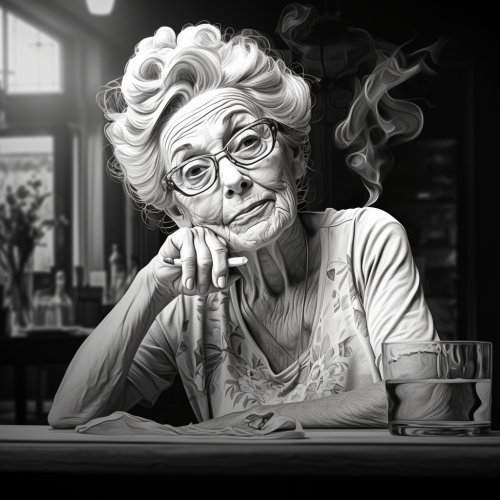 Black and white coloring book page of an ugly drunk woman