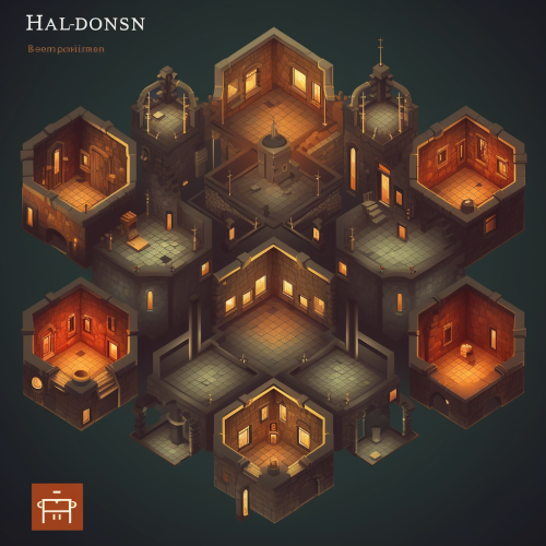 Hexagonal icons of dungeon rooms