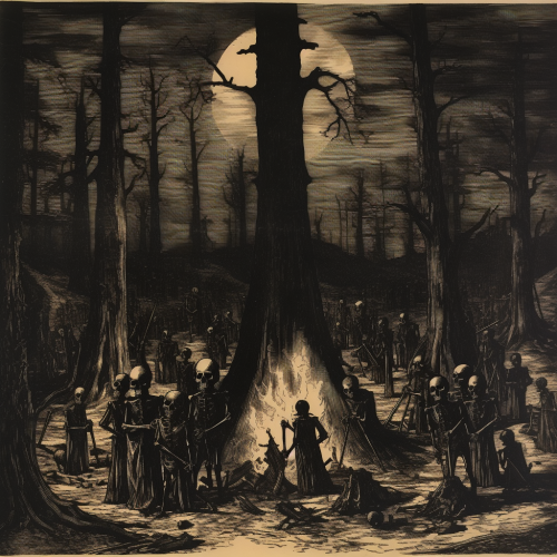 Dürer Style Wood Block Print Skeletons Fire Trees