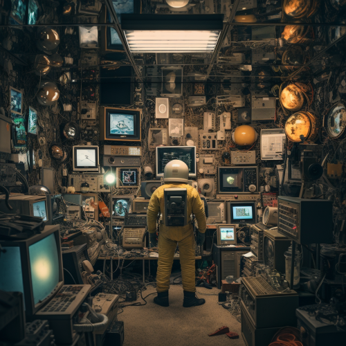 Old dusty storage room with technology hoard Old dusty storage room with technology hoard