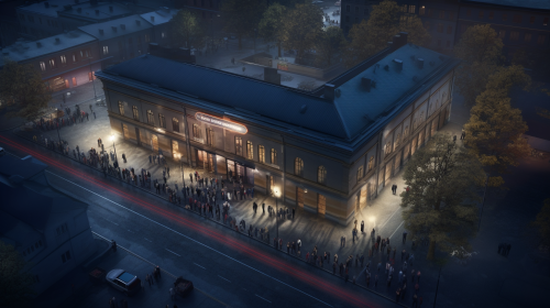 Aerial view of Dutch club Berghain at dawn with people queueing