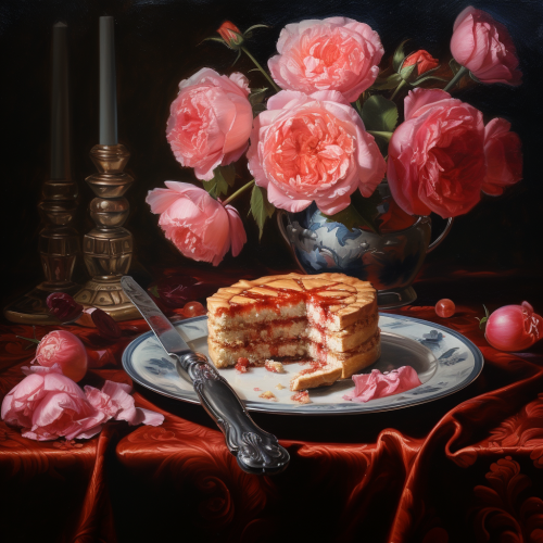 Pink cake on salmon plate with Dutch Masters motif