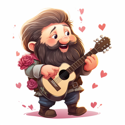 Cute dwarf bard playing guitar on a white background