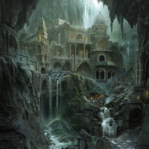 Dark cave with waterfall and moss Dark cave with waterfall and moss