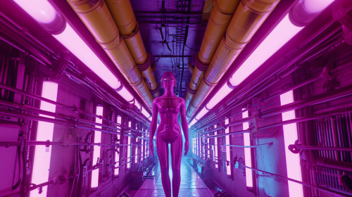 Dystopian female humanoid with symmetrical pipes in a cyberpunk setting.
