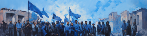 Oil painting of East Turkistan with Turkish flags and people