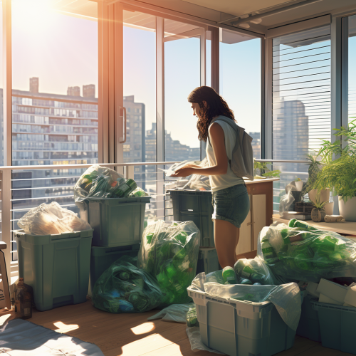 Young woman recycling items in eco-friendly apartment