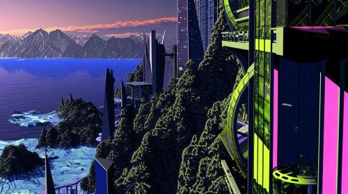 Ecopunk Metropolis Dusk with Mountains and Ocean