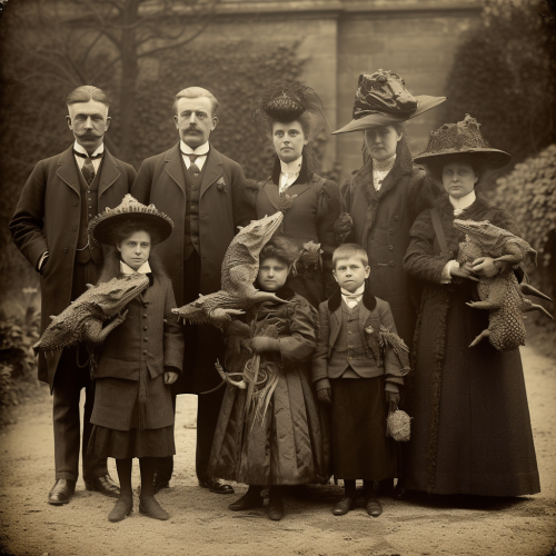 Vintage photo of Edwardian British royal family with alligator heads